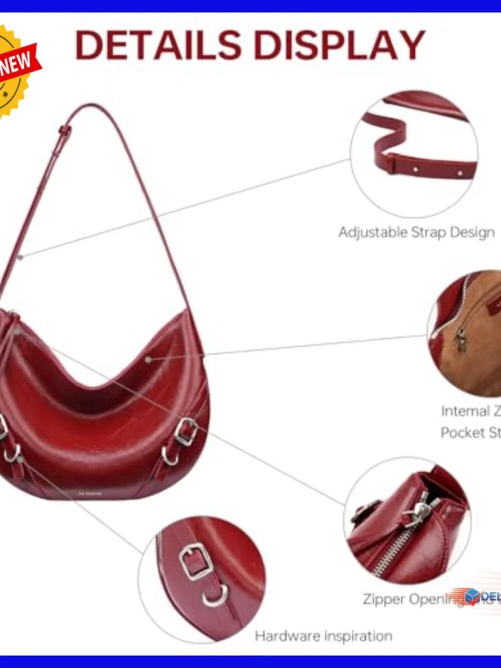 Split Leather Hobo Shoulder Bag with Adjustable Strap, Zipper Closure